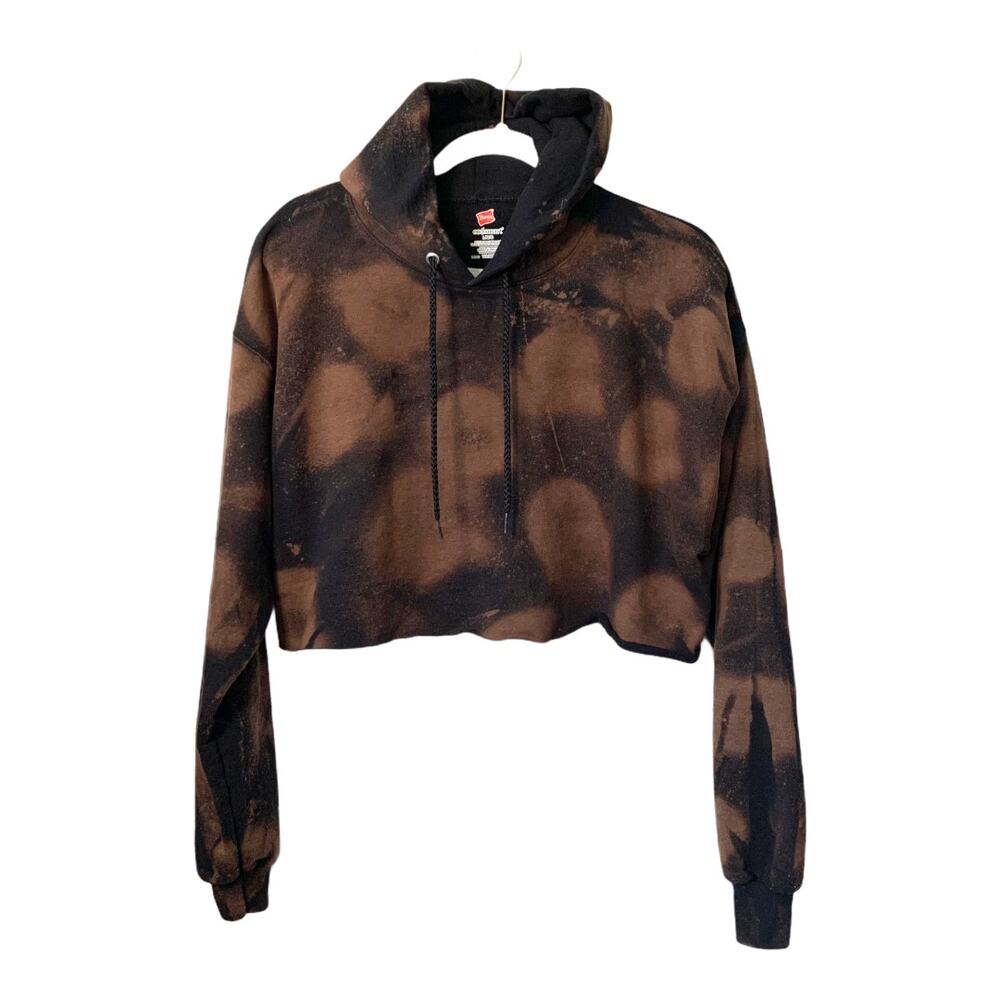 3/$20 Upcycled Hanes women's black bleach dye cropped hooded sweatshirt Large